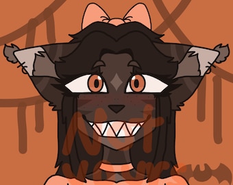 May include: Digital illustration of a cartoon cat-like character with brown fur, orange eyes, and a pink bow. The character has a wide, toothy grin and is set against an orange background with decorative elements.
