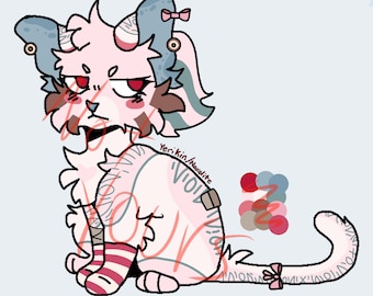 Puede incluir: Un personaje de dibujos animados rosa y azul con un vendaje en la pierna y un lazo en la cola. El personaje tiene una expresión de enfado y lleva un calcetín a rayas. El personaje está sentado sobre un fondo azul claro.