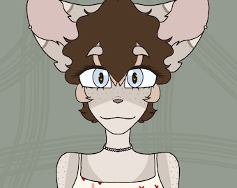 May include: A cartoon illustration of a furry creature with brown hair, pink ears, and blue eyes. The creature is wearing a white tank top with red hearts and the text "Not Yours" printed on it.
