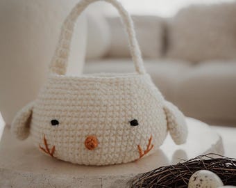 PATRÓN DE GANCHILLO - Patrón de cesta de pollo de Pascua - Bonita cesta de primavera (PDF) - Cesta de pollito amigurumi para la caza de huevos y decoración del hogar