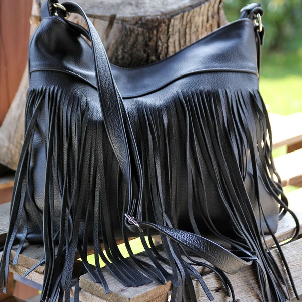 Borsa con frange nere, tracolla con frange in pelle bohémien, borsa occidentale, borsa hobo in pelle nera, borsa boho rustica