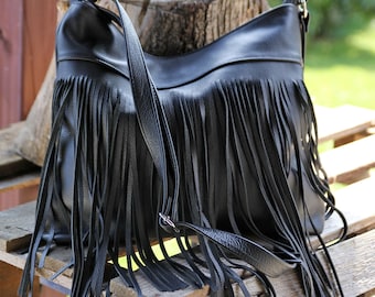 Sac à franges noires, Traverse à franges en cuir boho, Sac à main occidental, Sac Hobo en cuir noir, Sac boho rustique