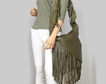 Western crossbody bag, Fringe leather olive bag, Distressed leather handmade fringe bag, Unique Boho Style Shoulder Bag, Gift For Her