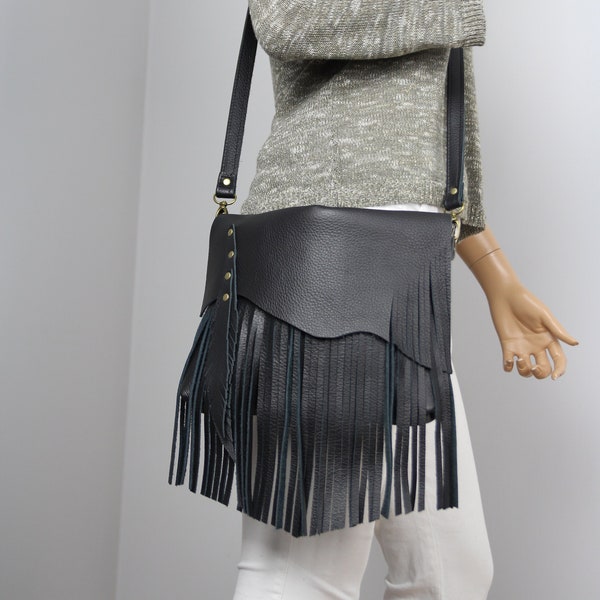 Black Handmade fringe handbag, Medium Crossbody purse, Unique crossbody bag, Black leather minimalist bag, free shipping