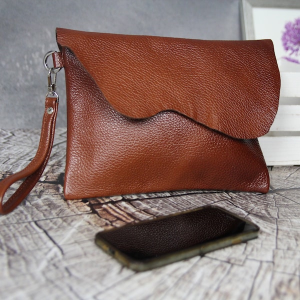 Leather clutch purse, Clutch for Evening or Everyday Cognac brown handcrafted women's envelope clutch bag, Anniversary, Bridesmaid