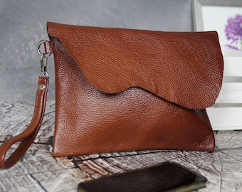 Leder-Clutch-Geldbörse, Clutch für den Abend oder den Alltag Cognacbraune handgefertigte Damen-Clutch-Clutch, Jubiläum, Brautjungfer