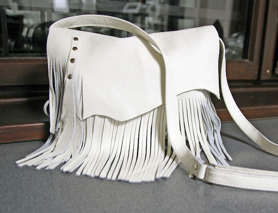 White Leather Fringe Crossbody Purse -minuimalist Medium Purse