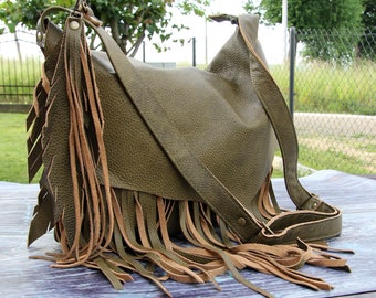 Bolso bandolera o de hombro verde oliva, bolso western con flecos, bolso boho rústico, bolso hobo único para mujer con flecos, bolso boho con flecos largos