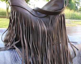 Large Leather Shoulder Bag for Boho Style, Rustic Olive Fringe Handbag, Everyday soft bag, Olive fringe handbag, Large rustic boho bag