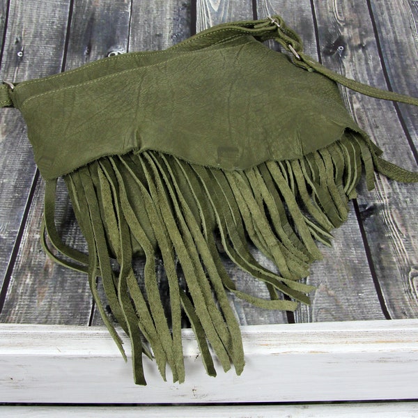 Small Distressed Leather Fringe Bag Women Crossbody Green Leather Hobo Bag  Rustic boho bag