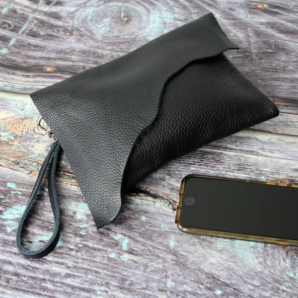 Black leather clutch purse, Clutch for Evening or Everyday Black handcrafted women's envelope clutch bag, Anniversary, Bridesmaid
