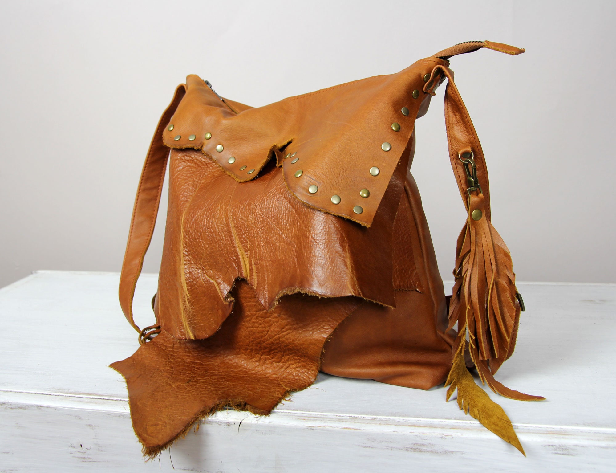 Unique Bohemian Fringe Leather Hobo Bag Large Tribal Leather Raw Edges