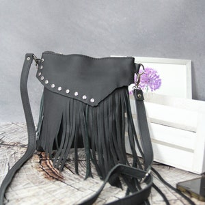 Small Leather Fringe Crossbody Bag With Studs, Handmade Leather ...