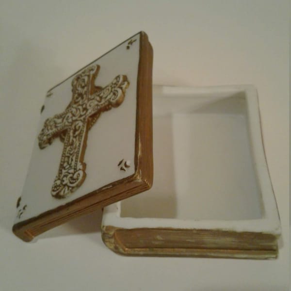 Porcelain White and Gold trim Bible with Cross Trinket box 2 3/4 inches square