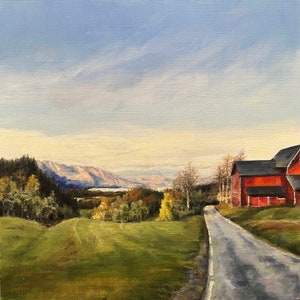 Original Oil Painting on Linen Board ~ Peaceful Road To The Mountains ~ 10&quot; x 10&quot; Unframed