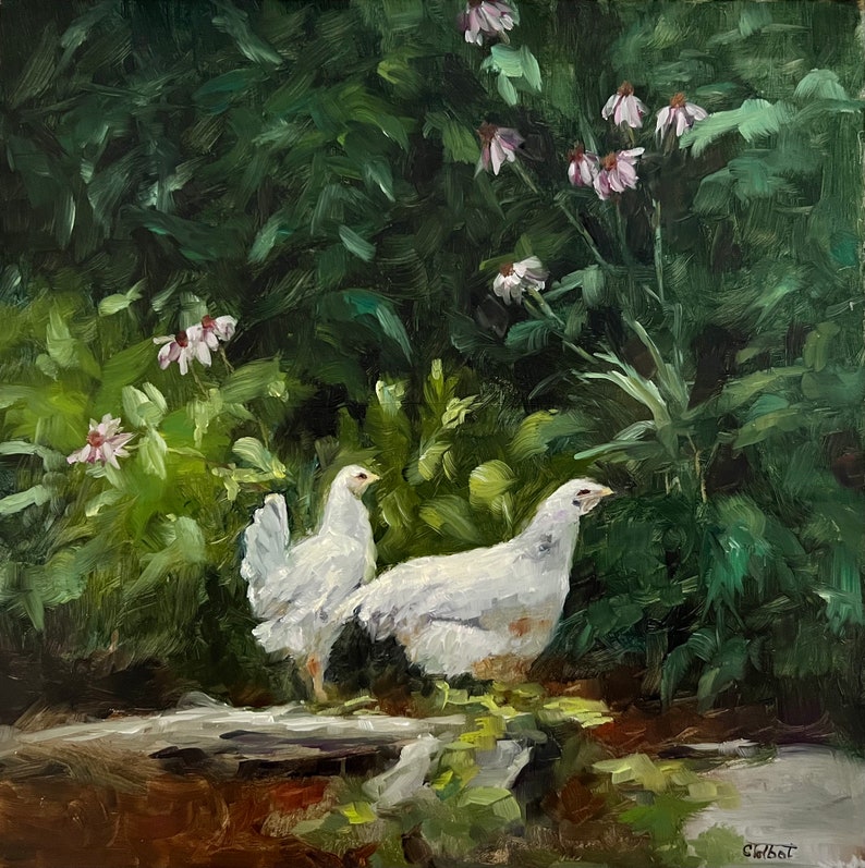 Original Chickens & Flowers Oil Painting on Gesso Board A Etsy