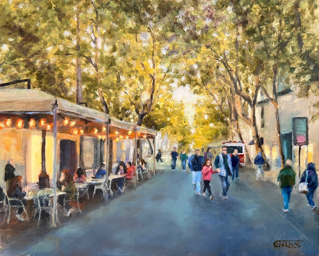 Original Oil Painting on Gesso Board Italian Italy Cafe Street Scene A
