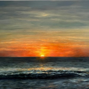 May include: A painting of a sunset over the ocean. The sky is a mix of orange, red, and yellow, with a few clouds. The water is dark blue and choppy, with waves crashing on the shore.