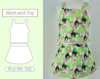 Patrón de costura en PDF para falda y top reversible en forma de A para niñas de 3 a 12 años, tamaño A4, para imprimir, fácil, telas elásticas, ¡instrucciones de costura en INGLÉS!