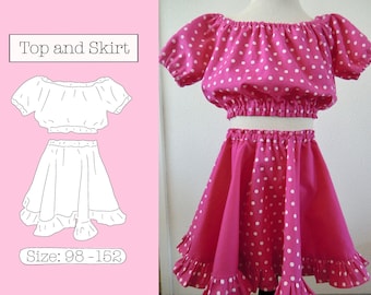 Patrón de costura en PDF para falda con volantes y top campesino de círculo completo para niñas de 3 a 12 años, tamaño A4, blusa gitana para niñas pequeñas: ¡INSTRUCCIONES de costura en INGLÉS!