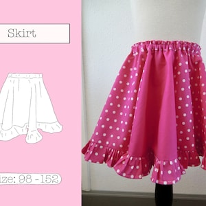 Pode incluir: Uma saia rosa com bolinhas brancas e uma bainha com babados. A saia é feita de um tecido macio e leve, perfeita para girar. A saia está disponível nos tamanhos 98-152.