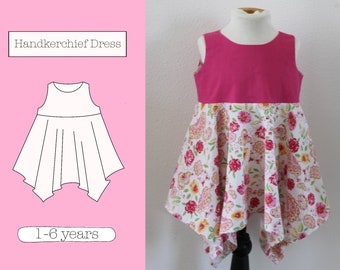 Handkerchief Dress PDF Sewing Pattern, 6 sizes: 1-6 years, Summer Dress, Girls Dress, Toddler Baby Dress Pattern, Dress with asymmetric Hems