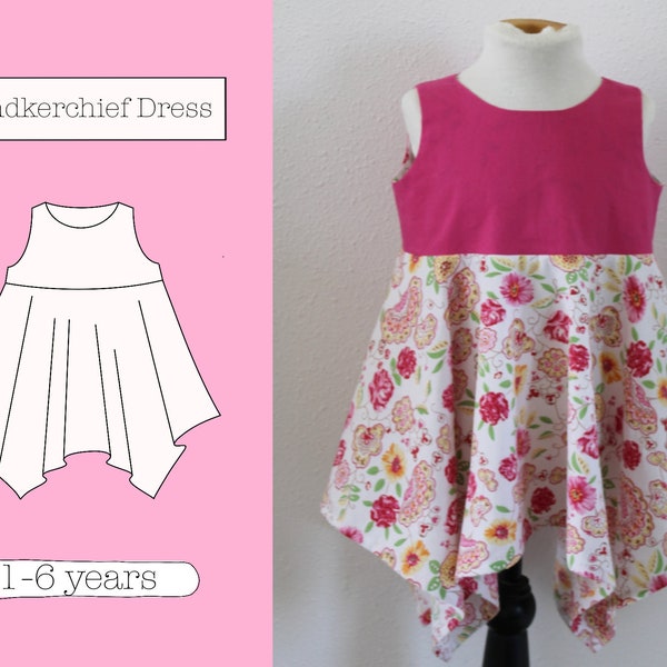 Handkerchief Dress PDF Sewing Pattern, 6 sizes: 1-6 years, Summer Dress, Girls Dress, Toddler Baby Dress Pattern, Dress with asymmetric Hems