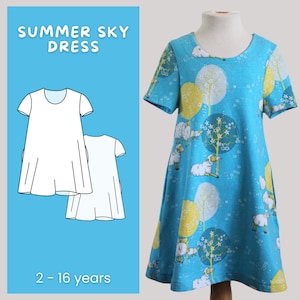 May include: A sewing pattern for a summer sky dress for children ages 2-16 years. The pattern includes a simple, sleeveless dress with a round neckline and a slightly flared skirt. The dress is shown in a blue fabric with a white and yellow print of trees and sheep.