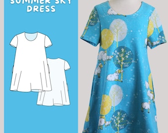Patrón de vestido para niñas de 2 a 16 años para tejidos elásticos A4 Patrón fácil con bolsillos laterales Vestido para bebé niña; Instrucciones en INGLÉS;