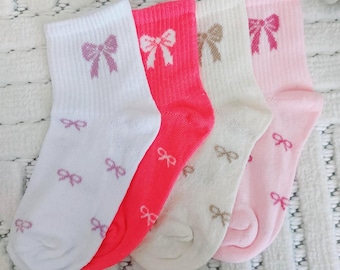 Set of 4 pairs of girls' socks, size 5-6 years, with bows – soft cotton, pink and pastel colors