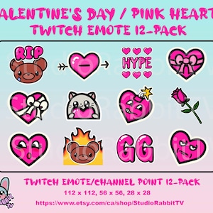 Twitch Valentine&#39;s Day Pink Hearts Emotes Pack 12 Emotes / Twitch Emotes / Emote Bundle / Channel Point Icons / Discord / Cute / Love / Pink