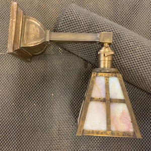 Vintage Craftsman Brass Wall Sconce with Stained Glass Panel Shade
