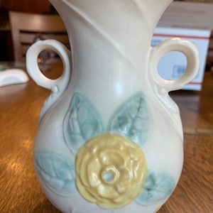 Vintage Hull Pottery Vase, Floral Design, Double Handle, 7 inch