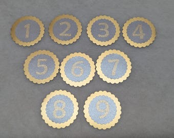 May include: A set of nine circular scalloped paper cutouts featuring the numbers one through nine. Each cutout has a light blue textured centre with a gold glitter number and a gold border. The numbers are arranged in three rows.