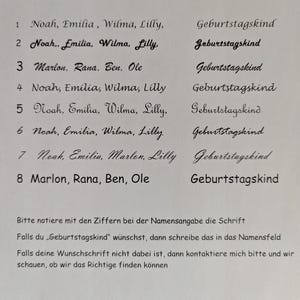 May include: A white paper displaying font examples for custom text. Names and the word "Geburtstagskind" are shown in various styles. Instructions are provided for font selection. Ideal for personalised gifts.