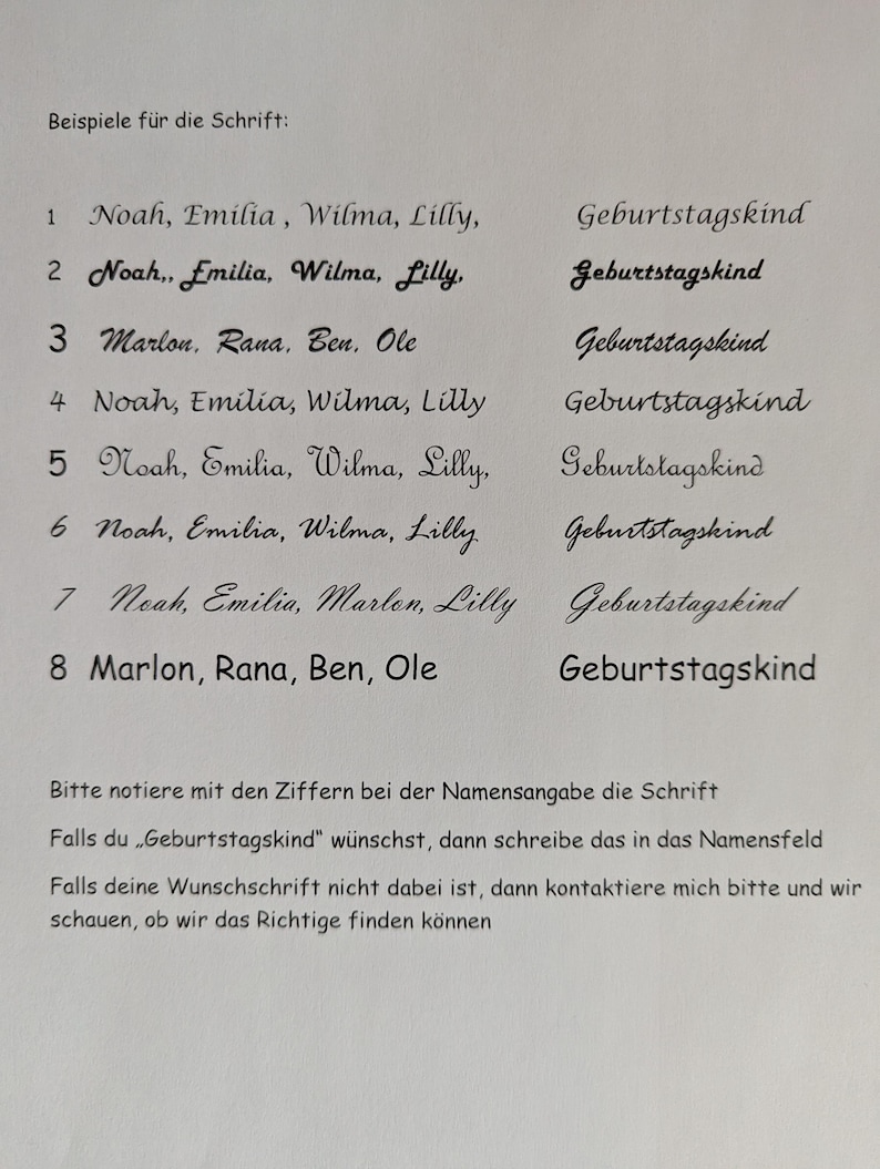 May include: A white paper displaying font examples for custom text. Names and the word "Geburtstagskind" are shown in various styles. Instructions are provided for font selection. Ideal for personalised gifts.