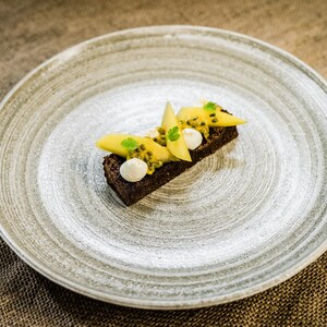 Könnte beinhalten: Ein kleiner rechteckiger Nachtisch, belegt mit Schlagsahne, Mangostücken und Passionsfruchtkernen auf einem grauen Teller mit Wirbelmuster.