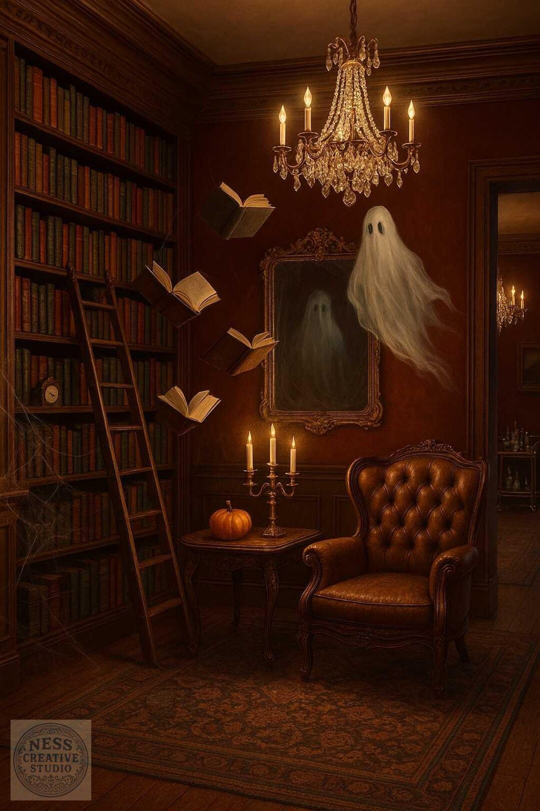 Haunted Library Ghost Art Print – Gothic Halloween Wall Decor | Vintage ...