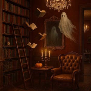 Haunted Library Ghost Art Print – Gothic Halloween Wall Decor | Vintage Library with Floating Books & Ghost