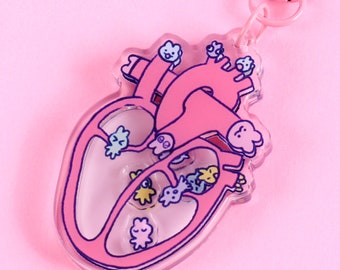 May include: Pink heart-shaped keychain with a clear background and a pink outline. The heart is filled with small, colorful cartoon characters. The keychain has a pink metal ring.