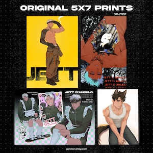 Pode incluir: Uma coleção de impressões 5x7 com ilustrações em estilo anime. As impressões apresentam figuras masculinas em várias poses e roupas, com uma opção de impressão em folha. O texto "JETT D'ANGELO" e "yanmori.etsy.com" são visíveis.
