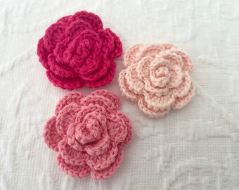 3 x Hand Crochet Flower Rose Rosette Applique