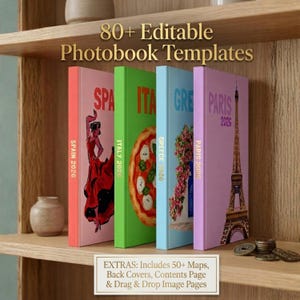 May include: Four vertical photobook templates with the text 80+ Editable Photobook Templates. The books feature illustrations of a dancer, a pizza, flowers, and the Eiffel Tower with the text SPAIN 2026, ITALY 2026, GREECE 2026, and PARIS 2026.