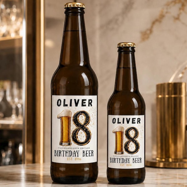 May include: Two brown glass beer bottles with gold caps, each featuring a white label that reads OLIVER 18 BIRTHDAY BEER EST. 2006. The label design includes a graphic of a beer glass filled with golden liquid and the number 18 in black.