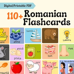 May include: Digital printable PDF of Romanian flashcards. The image shows colourful illustrations of various objects and concepts, each labelled with Romanian words. The title reads "110+ Romanian Flashcards".