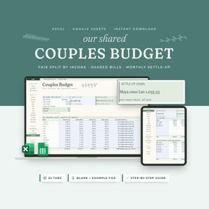 May include: A digital couples budget planner template for Excel and Google Sheets displayed on a laptop and tablet screen. The interface features tables for shared costs, income, and monthly settle-up calculations with text reading Our Shared Couples Budget.