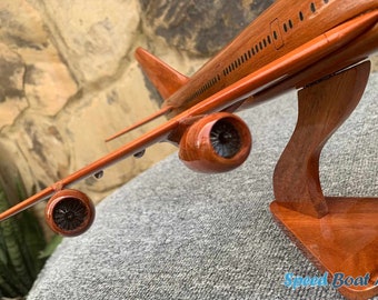 ボーイング747木製飛行機模型：手作りの航空機装飾品（17.7インチ