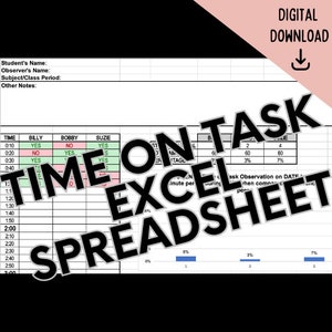 May include: A black and white spreadsheet with the words "Time on Task Excel Spreadsheet" in a large font. The spreadsheet is divided into columns with headings such as "Time", "Billy", "Bobby", and "Suzie". There are also columns for percentages and a bar graph at the bottom.