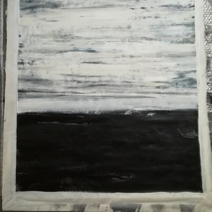 black and white beige abstract painting, extra size horizontal art minimal abstract painting