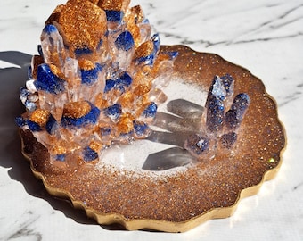 Resin Crystal Business Card Holder/Phone Stand, Blue & Gold Glitter
